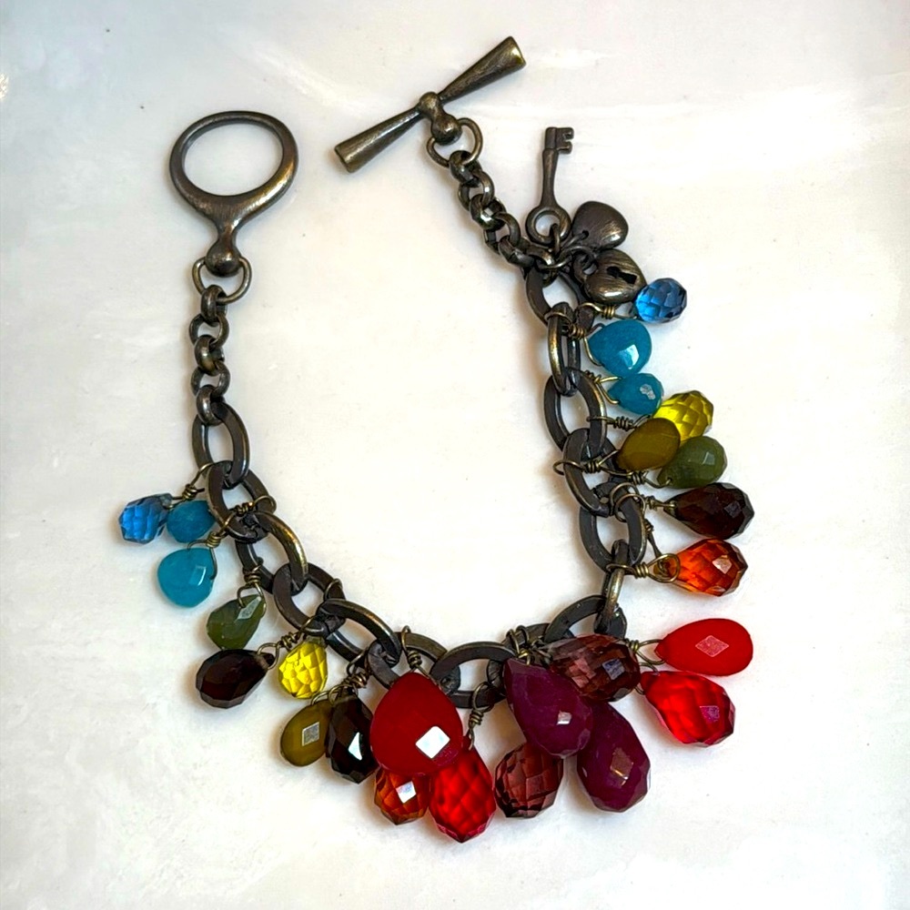 Fossil Link Chain Bracelet With Rainbow Faceted Glass Beads & Charms Ladies OS